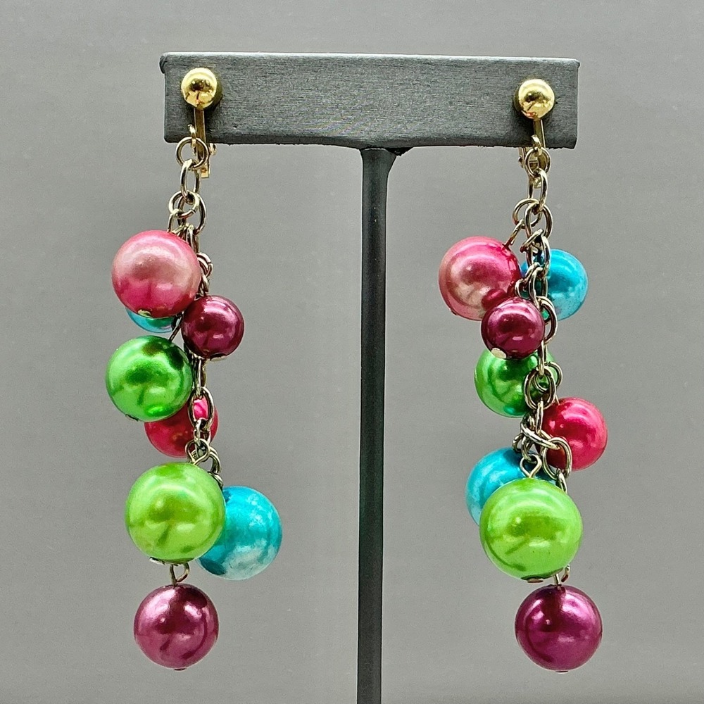 Earrings Women Multi Gold Tone Faux Pearl Cluster Dangle Clip On 2.75 Inch